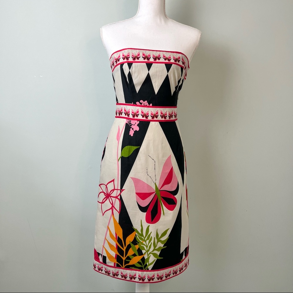 Tibi Strapless Black, White & Pink Butterfly Print Dress